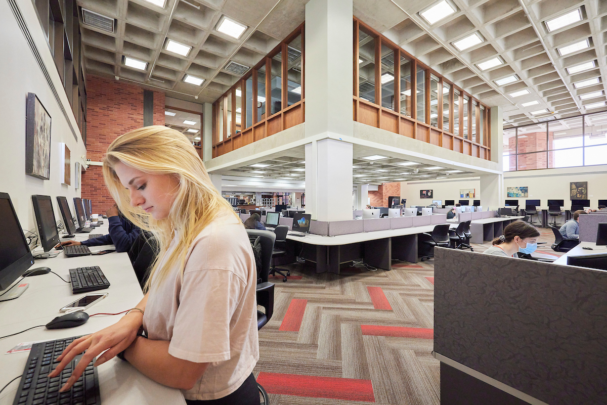 A view of the Loveridge Computer Lab from the northwest corner. A student working at a computer is featured.